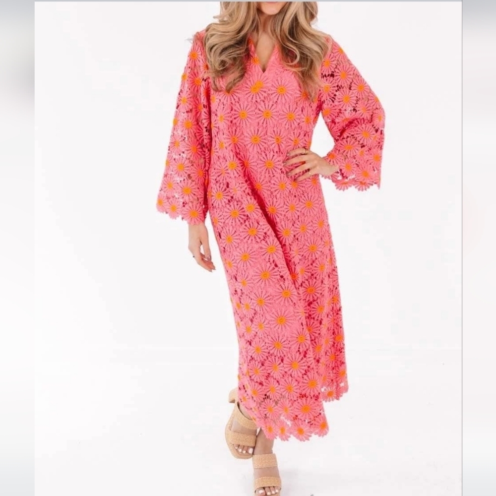 NWT J. Marie Pink Orange Daisy Crochet Maxi Dress Small V-neck Lined Small Flaw
